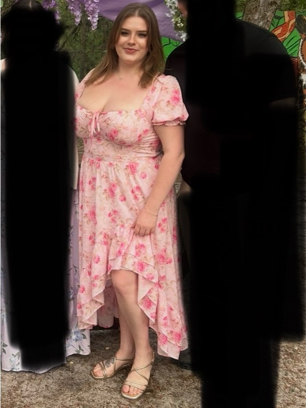 Pink Floral Puff-Sleeve High-Low Dress